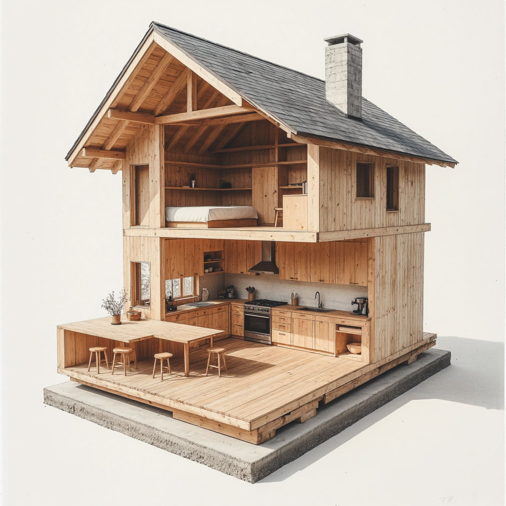 Основа планировки — учет усадки дома, иначе геометрию кухни перекосит.