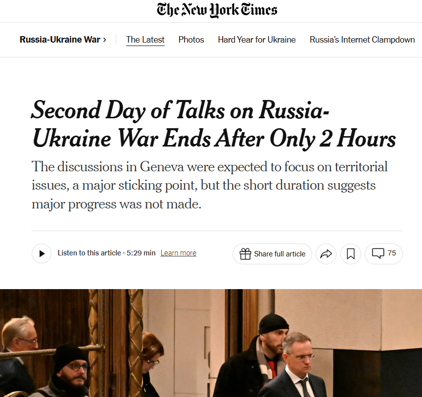     Второй день трёхсторонних переговоров по российско-украинскому конфликту / Скрин The New York Times