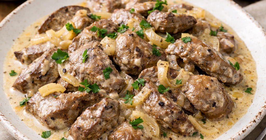 Куриная печень с луком и сливками