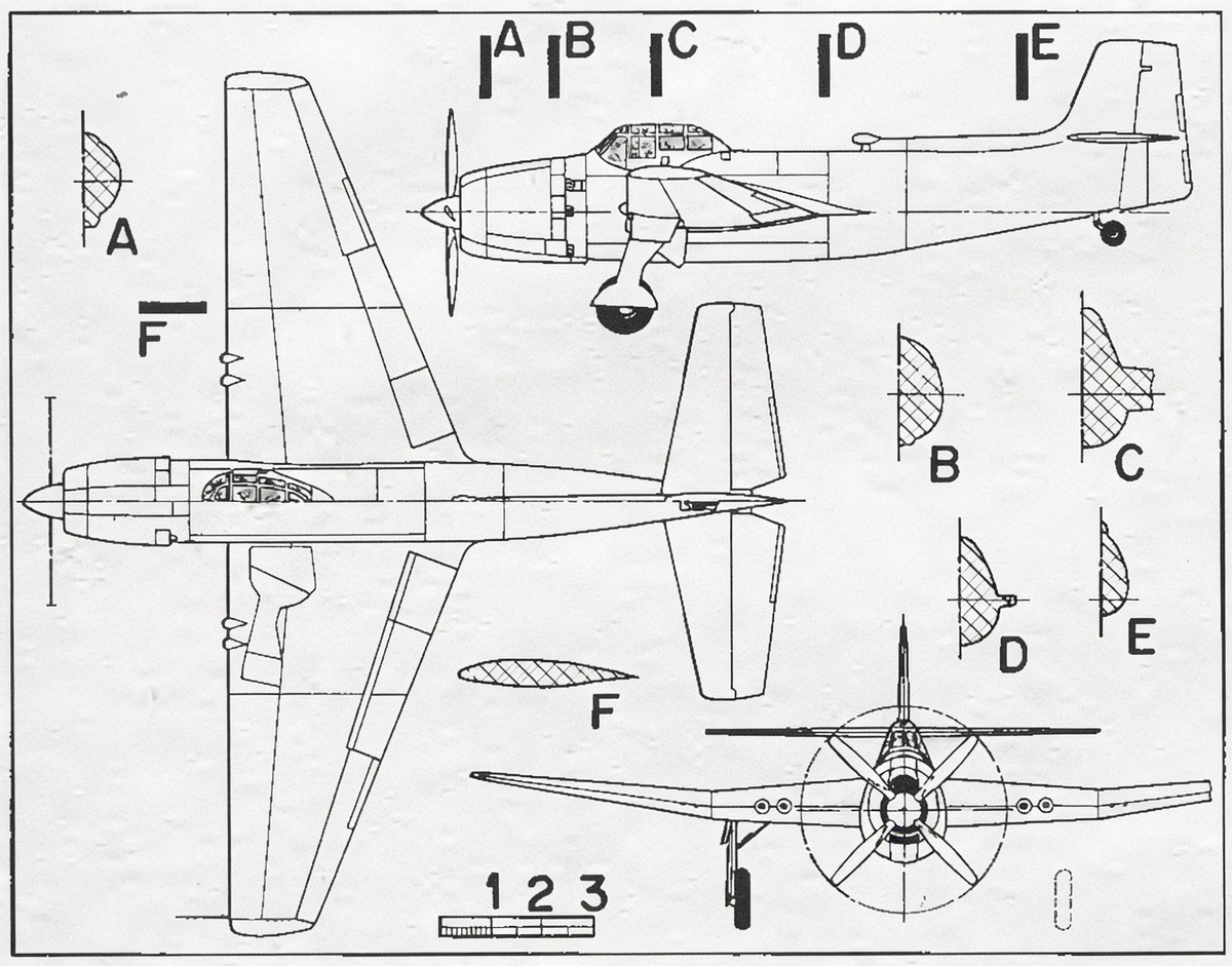 схема в трех проекциях опытного штурмовика XA-41. Изображение улучшено сайтом lmarena.ai