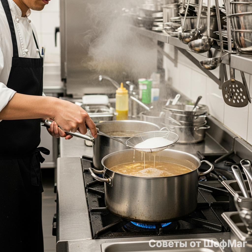 Удаление пены гарантирует чистоту вкуса и прозрачность бульона.