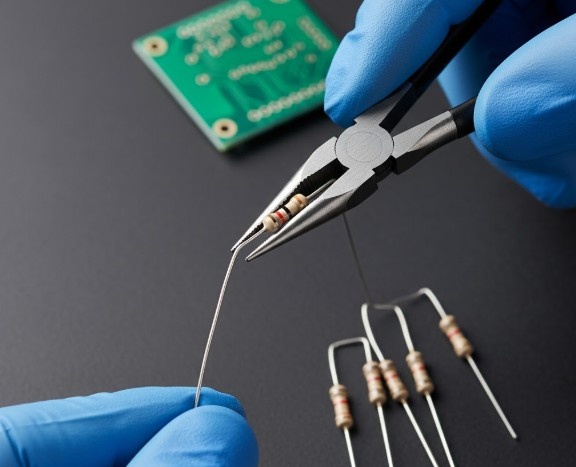 Правильный изгиб предотвратит повреждение корпуса детали. Используйте острогубцы для захвата вывода в месте будущего изгиба. Согните вывод под углом 90 градусов.