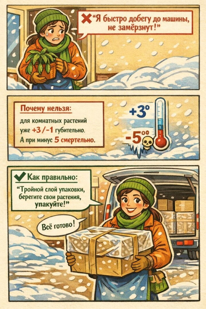     При минусовой температуре критически важно сократить пребывание растения на открытом воздухе до секунд.