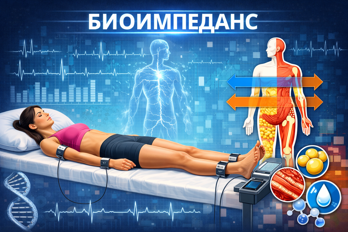Биоимпеданс — это медицинский метод оценки состояния организма, основанный на измерении электрического сопротивления различных тканей тела. В клинической практике биоимпедансный анализ (БИА) применяется для объективной оценки состава тела, определения уровня жировой и мышечной массы, количества жидкости, а также оценки метаболических параметров.

Применение биоимпеданса позволяет получить более глубокое представление о состоянии организма, чем обычные весы или индекс массы тела (ИМТ). Это связано с тем, что ИМТ учитывает только общий вес и рост человека, тогда как биоимпеданс оценивает, из чего именно состоит масса тела.