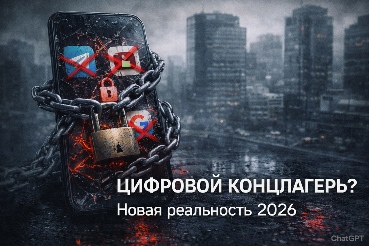 Смартфон с разбитым экраном, перечеркнутый красными крестами и обмотанный цепью с замком. Символ тотальной блокировки и контроля цифрового пространства.