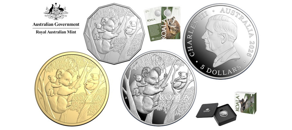    Монета Австралии коала 2026 года серебро золото детеныш на спине эвкалипт