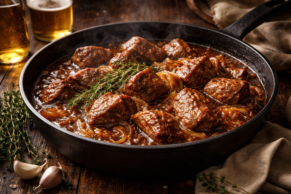 Свинина в пиве с луком на сковороде