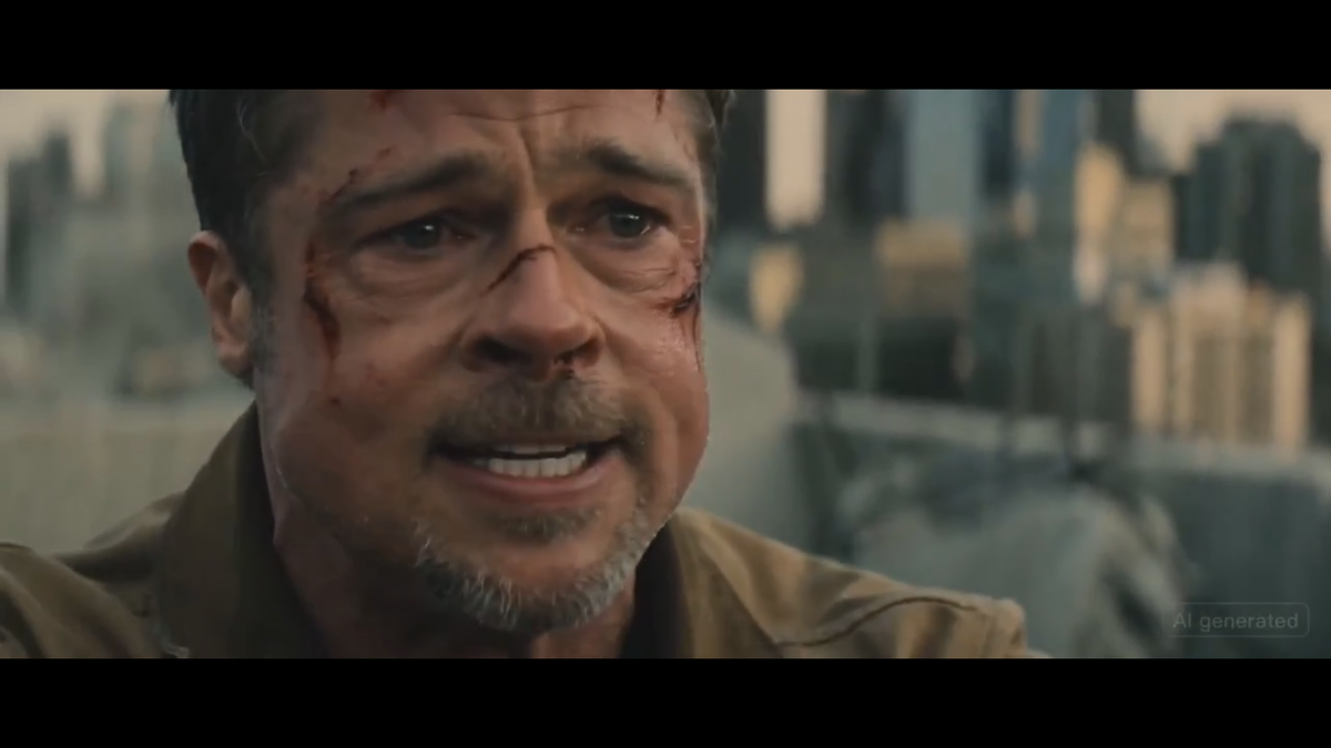 Кадр из видео, сгенерированного ИИ - Брэд Питт дерется против Тома Круза