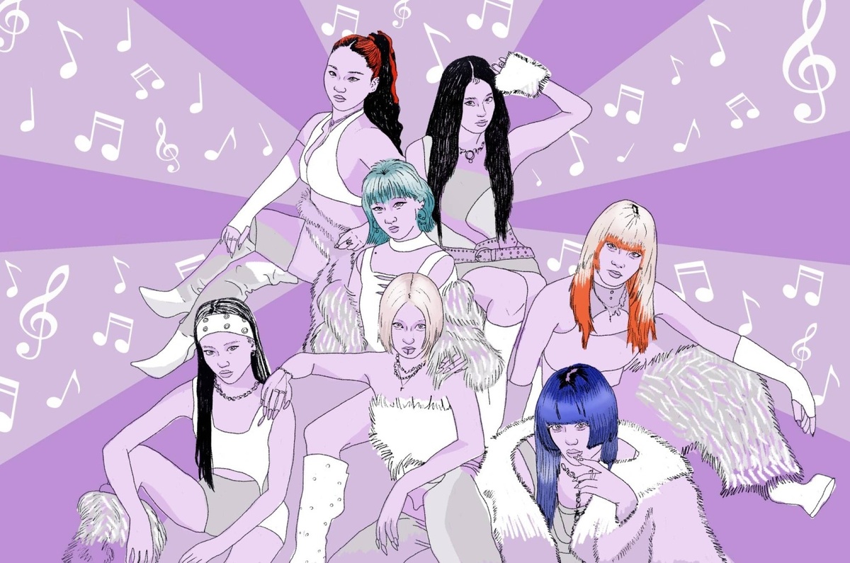 Группа Hana, состоящая из семи участниц, дебютировала в апреле, уже имея сформированную фан-базу благодаря участию в популярном реалити-шоу «No No Girls», созданном рэперами Чанминой и Скай-Хай. | Лили Пизано (иллюстрация из оригинала статьи)