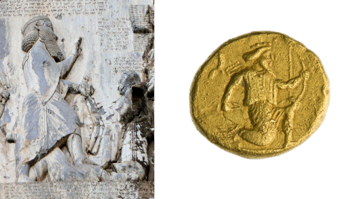 Портрет Дария I на Бехистунском рельефе. Двойной дарик.