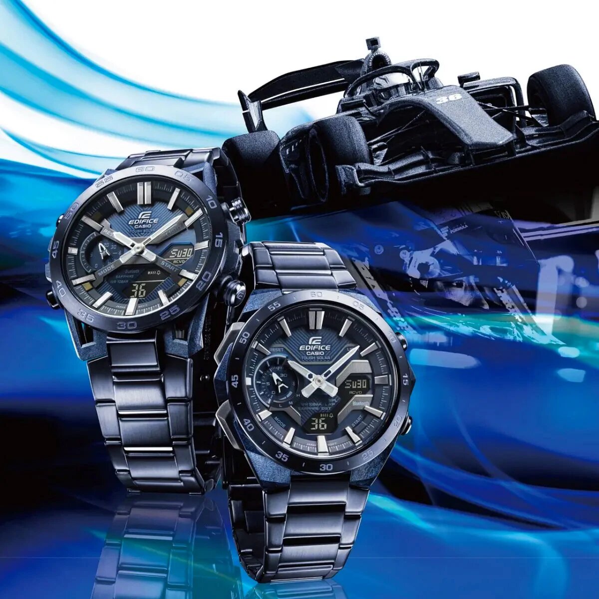 Дизайн часов Edifice ECB-2200CB-2A — отсылка к аэродинамике гоночных болидов