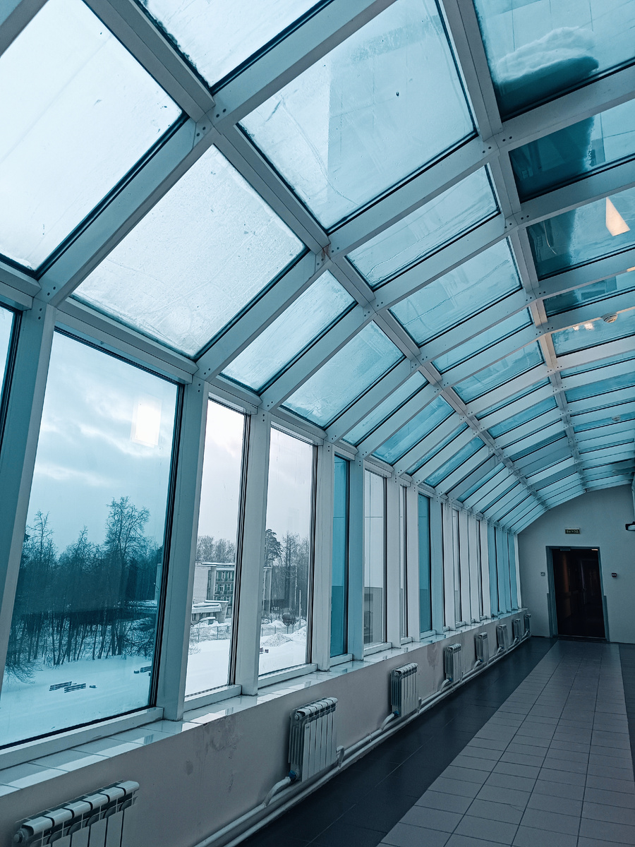 Стеклянная галерея, соединяющая соседние здания. По ней возят на рентген и в операционную. 