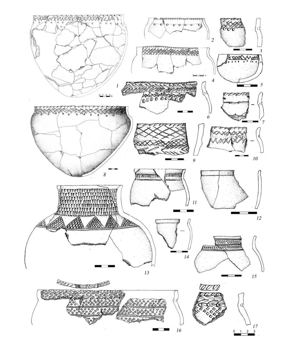Керамика эпохи средневековья городища Усть-Утяк 1: 1–10 — I тип (бакальская); 11–15 — II тип (кушнаренковская); 16, 17 — III тип (карымская)