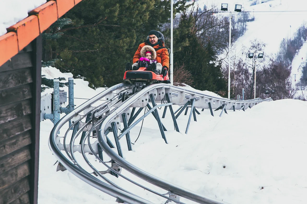 Пассажир может контролировать скорость тележки с помощью ручного тормоза. Фото: Парк Яхрома / Яндекс Путешествия