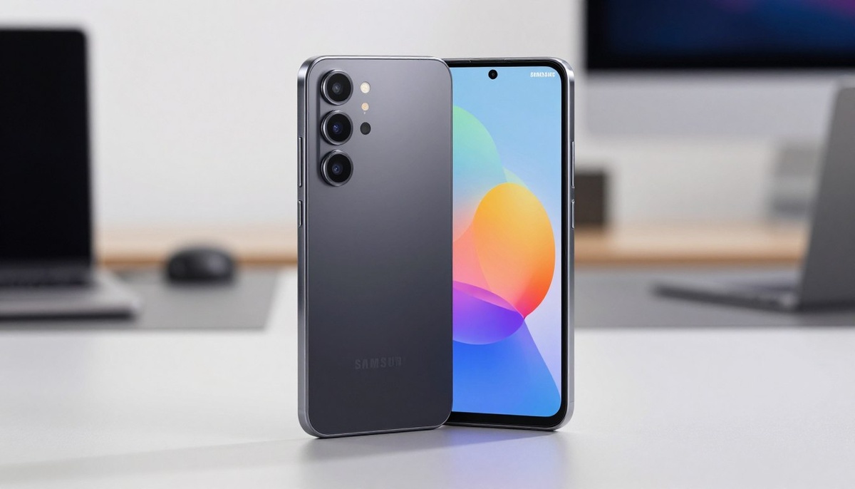 Стильный смартфон Samsung Galaxy A26, расположенный на видном месте на переднем плане, демонстрирует элегантный дизайн и глянцевое покрытие. Устройство оснащено слотом для двух SIM-карт nano и выделяется на фоне слегка размытого современного рабочего пространства, в котором присутствуют едва заметные намеки на технические новинки. Яркое и равномерное освещение создает мягкие тени, подчеркивающие его контуры. Экран телефона отличается яркими цветами, что свидетельствует о большом объеме памяти - 256 ГБ. Слегка наклоненный угол обзора обеспечивает динамичный обзор устройства. Общая атмосфера, созданная в профессиональном и технологичном стиле, идеально подходит для иллюстрации обзора продукта. Текст или дополнительные элементы не включены, чтобы акцентировать внимание на самом смартфоне.