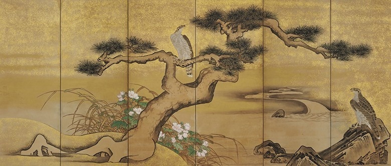 Например:Сога Нитёкуан. «Ястребы на сосне и цветущей сливе»Галерея искусств Кристана Хауге