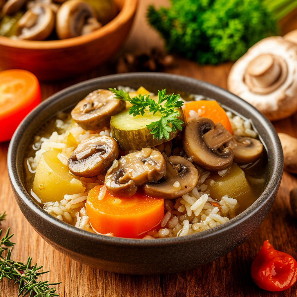 РАССОЛЬНИК С РИСОМ И ГРИБАМИ