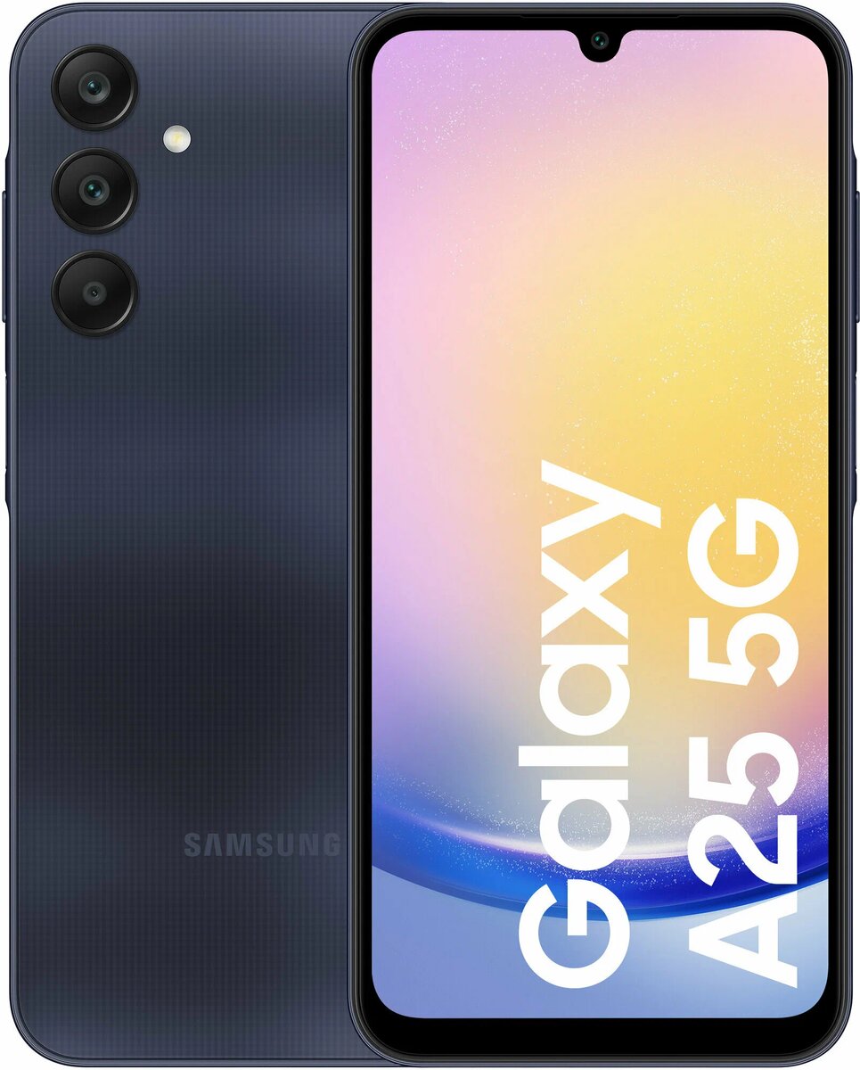 Снимок Samsung Galaxy A25 5G крупным планом, демонстрирующий его элегантный и современный дизайн. Телефон представлен на видном месте на переднем плане, его мерцающая задняя панель с градиентной отделкой и глянцевыми вставками подчеркивает превосходное качество сборки. Средний слой содержит едва заметные отблески и блики света, подчеркивающие контуры устройства. Размытая рабочая область на заднем плане создает контекст, создавая впечатление профессиональной обстановки. Мягкое естественное освещение освещает пространство, создавая чистую и располагающую атмосферу. Изображение отражает суть высокотехнологичного смартфона с акцентом на его функции, такие как два слота для SIM-карт, и в то же время создает атмосферу изысканности и инноваций.