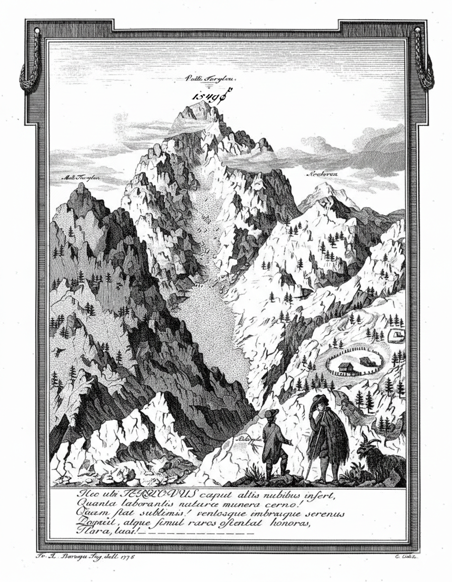 Пик Триглав из «Oryctographia Carniolica» Бальтазара Хакета, у вершины стоит цифра «1549» и знак, которым обозначали туаз, меру длины равную 1,949 метра. 1549 ≈ 3019 м, что похоже на современную оценку высоты Триглава – 2864 м