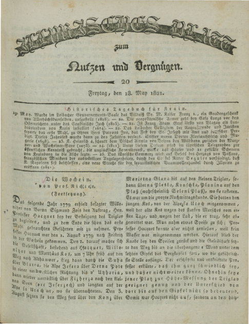 Richter F.X.J., «Die Wochein» в Illyrisches Blatt от 18 мая 1821 г.