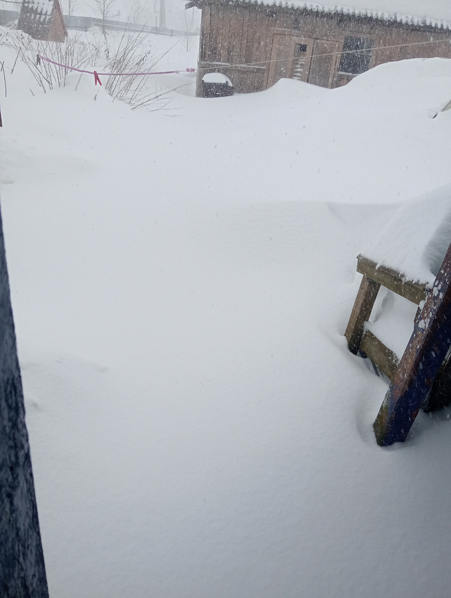 Всё завалило снегом! А он всё идёт и идёт! Ветер сильный!