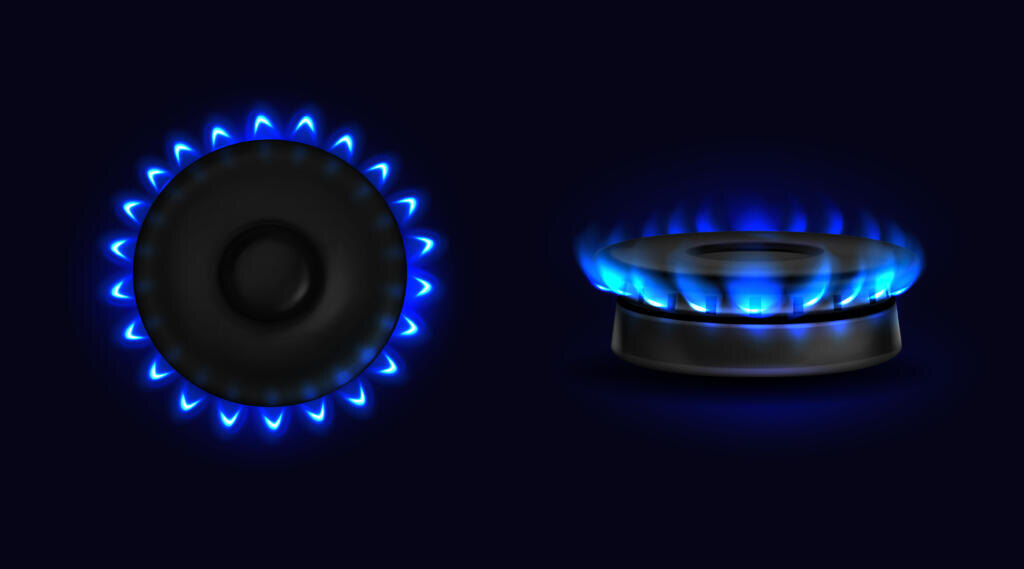    Burning gas stove with blue flame top and side view. Kitchen burner with lit hobs, propane butane flame in cooking oven, glowing cooktop isolated on black background, Realistic 3d vector illustration Журналист