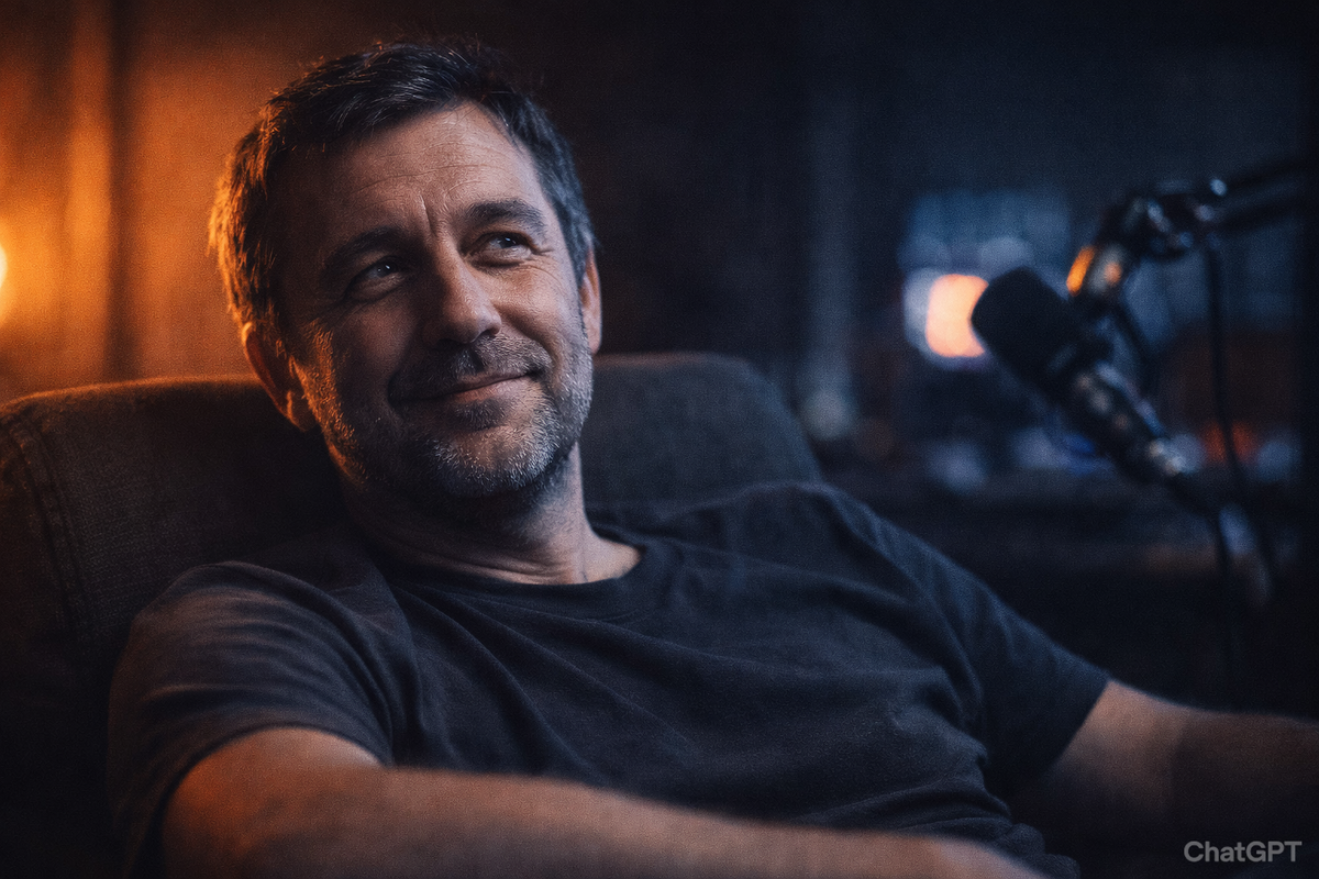 Мужчина в кресле во время подкаста, освещенный оранжевым и синим светом, усталая улыбка.