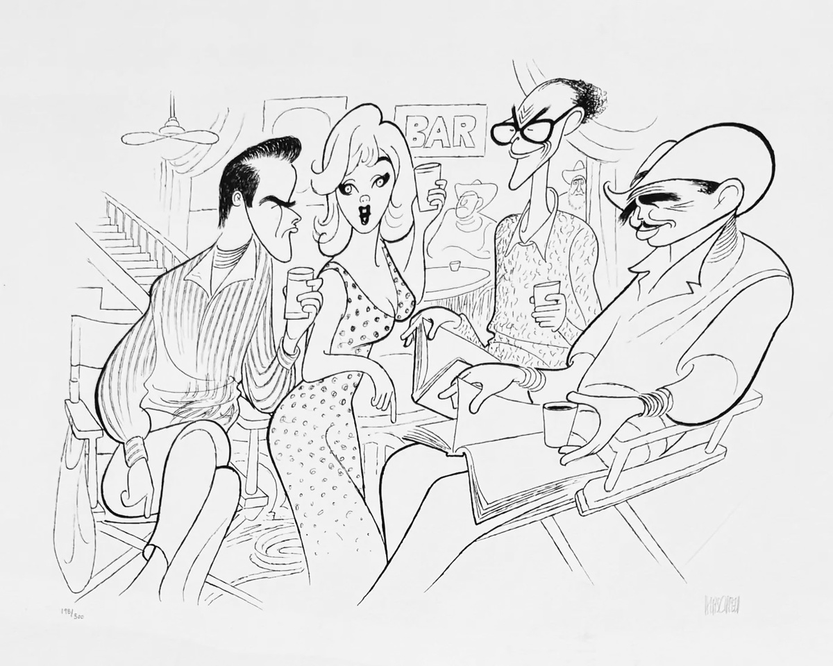 Мэрилин Монро, Артур Миллер и Кларк Гейбл в фильме "Неприкаянные" (1961г.). Художник Эль Хиршфельд.
