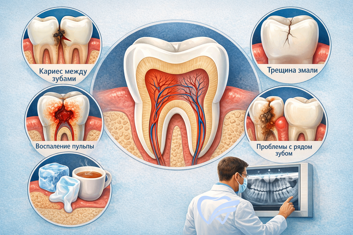 Скрытые причины зубной боли: кариес между зубами, трещины эмали, воспаление нерва и проблемы у корня могут быть незаметны снаружи — но хорошо видны на диагностическом снимке.