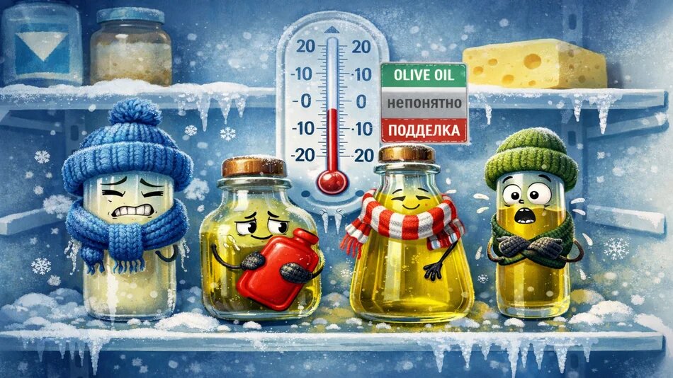 Сюрреалистическая иллюстрация: открытый холодильник с «замерзающими» бутылками и пробирками с оливковым маслом, с разной степенью помутнения, с термометром и шуточной шкалой «olive oil — непонятно — подделка