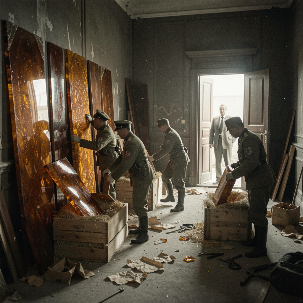 Немецкие солдаты разбирают панели Янтарной комнаты. Художественная реконструкция