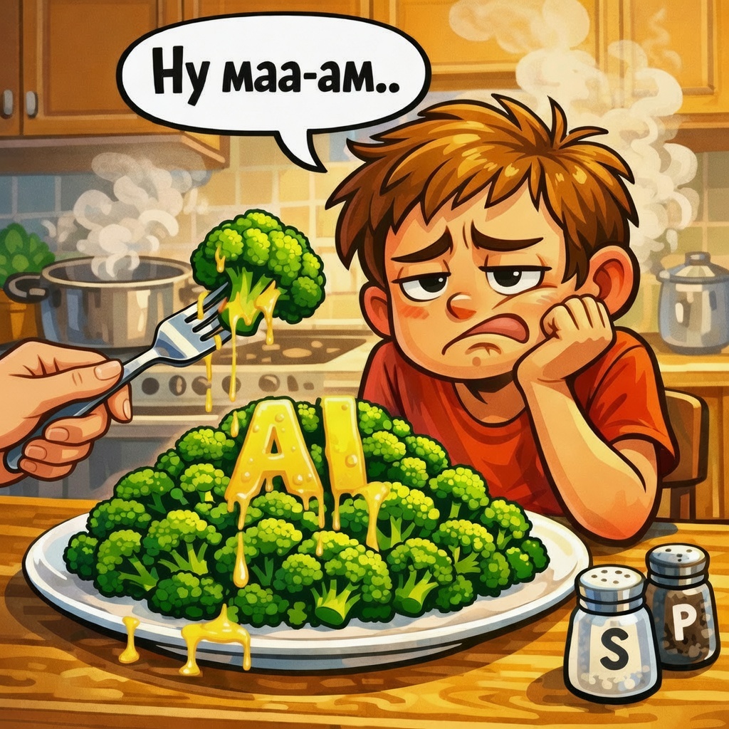 Сатирическая иллюстрация к статье о невостребованности ИИ: мальчик с отвращением смотрит на брокколи с сырной надписью «AI», символизируя, как пользователи воспримают искусственный интеллект в повседневной жизни.