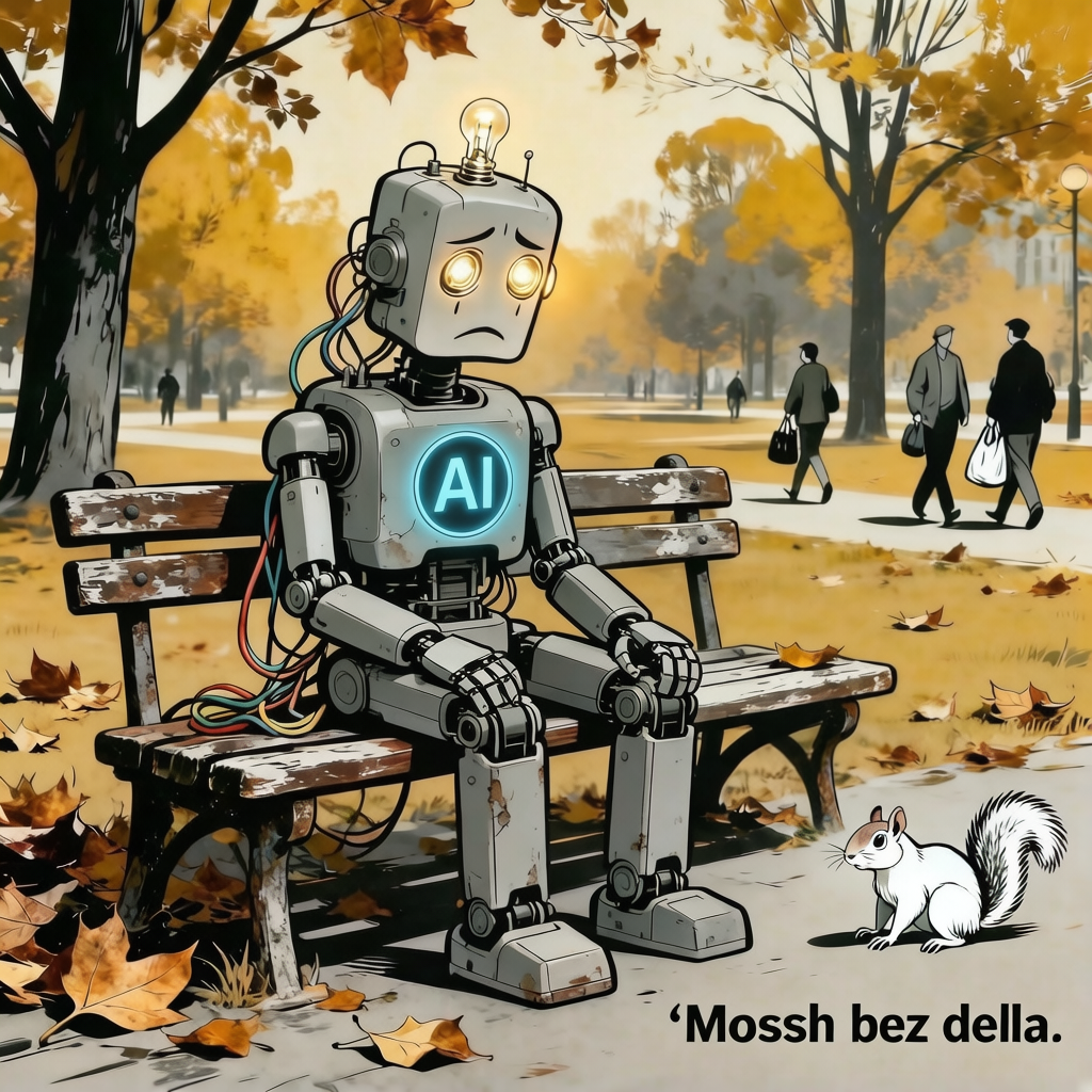 Сатирическая иллюстрация: одинокий грустный робот с надписью 'AI' сидит без дела на скамейке в осеннем парке, что символизирует невостребованность мощных нейросетей, таких как Gemini, в повседневной жизни