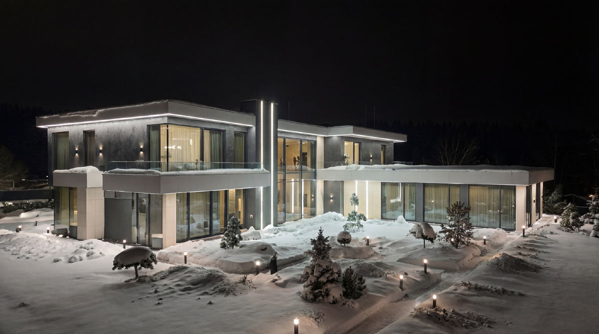 Вид на дом с участка в вечернее время