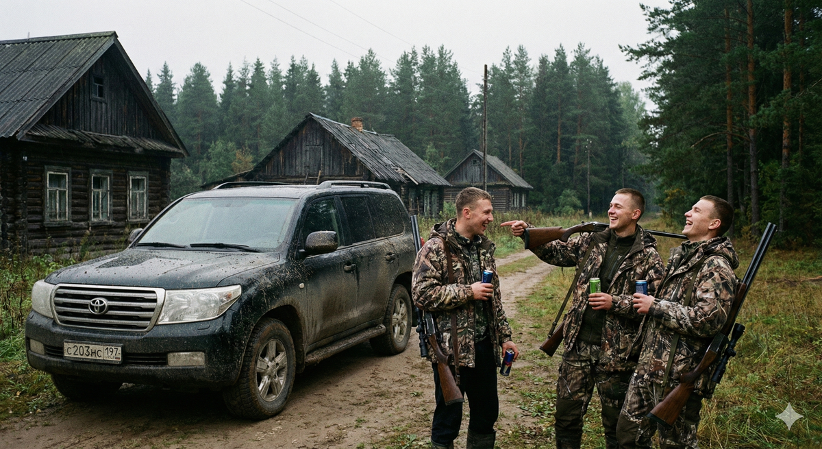 Фотография «золотой молодежи» в таежном поселке: дорогой джип, оружие и самоуверенность перед лицом дикой природы.