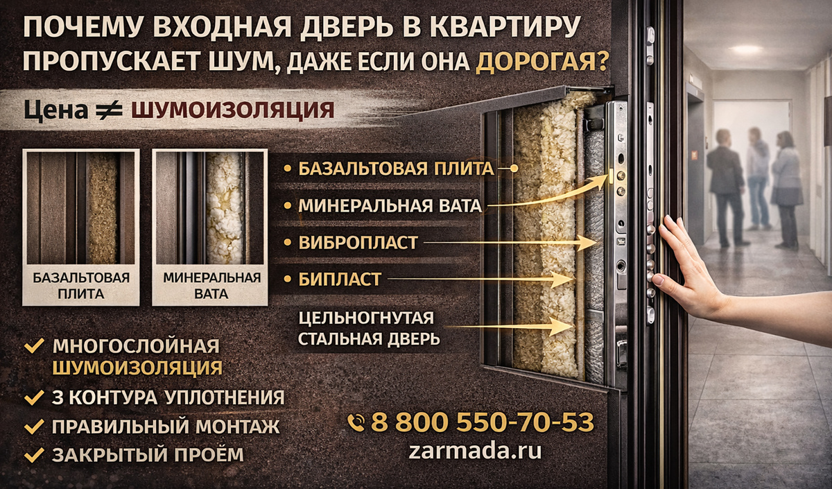 Входная дверь в квартиру может пропускать шум из-за лёгкого наполнителя и негерметичного монтажа