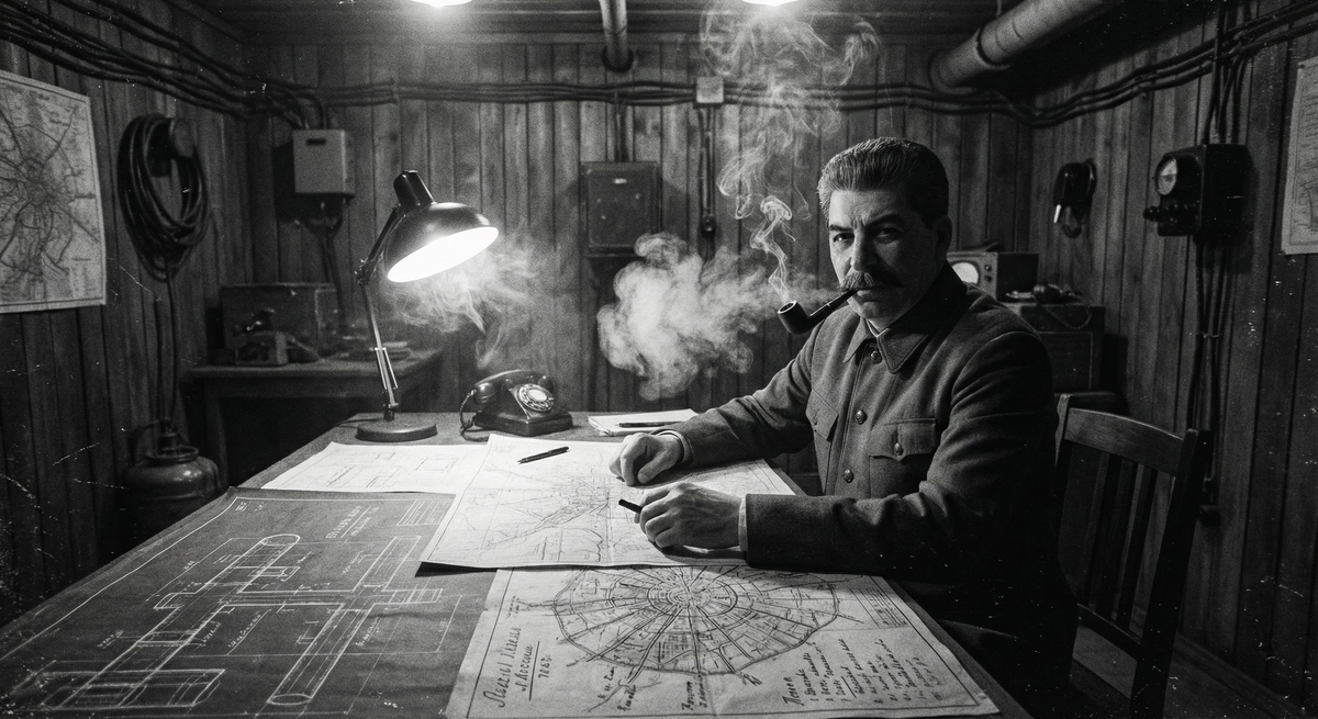 Сталин в рабочем кабинете секретного бункера. Иллюстрация в открытом доступе