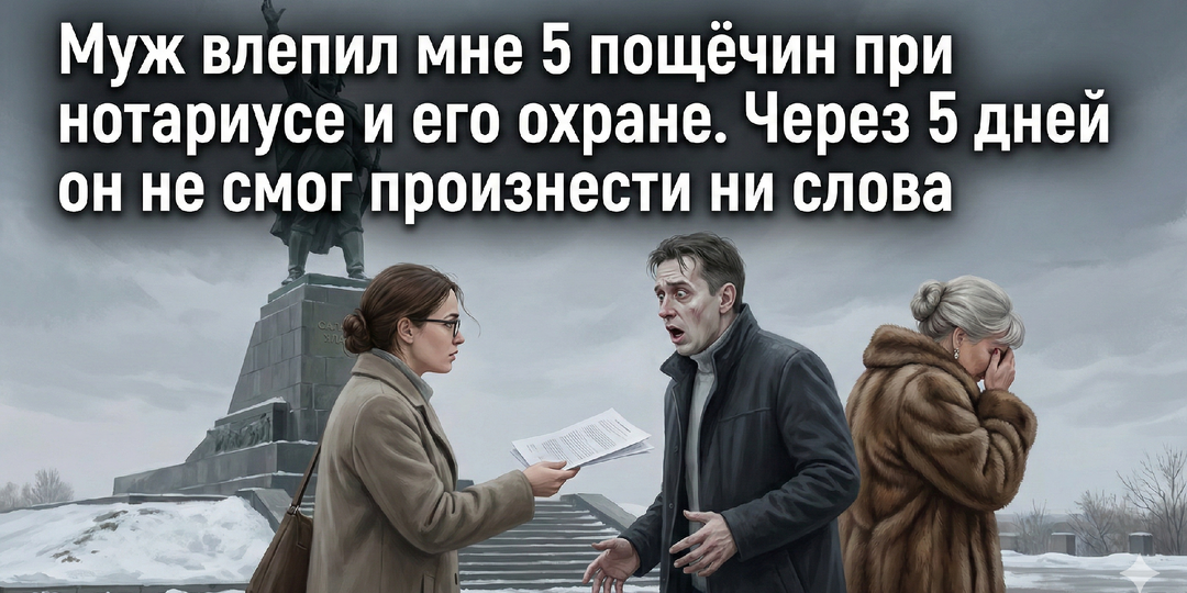 Муж влепил мне 5 пощёчин при нотариусе и его охране. Через 5 дней он не смог произнести ни слова
