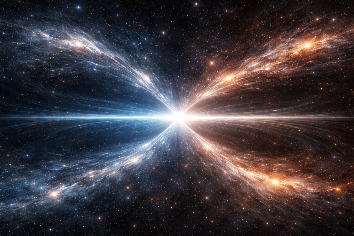 Две симметричные вселенные, отражённые друг в друге как в зеркале. Между ними — тонкая гравитационная структура. Потоки времени направлены в противоположные стороны.