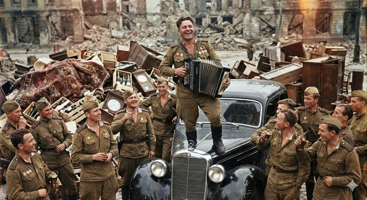 Мародерство и празднование победы участниками аферы Павленко. Горы трофеев и пьяные "бойцы" несуществующей части в поверженном Берлине.