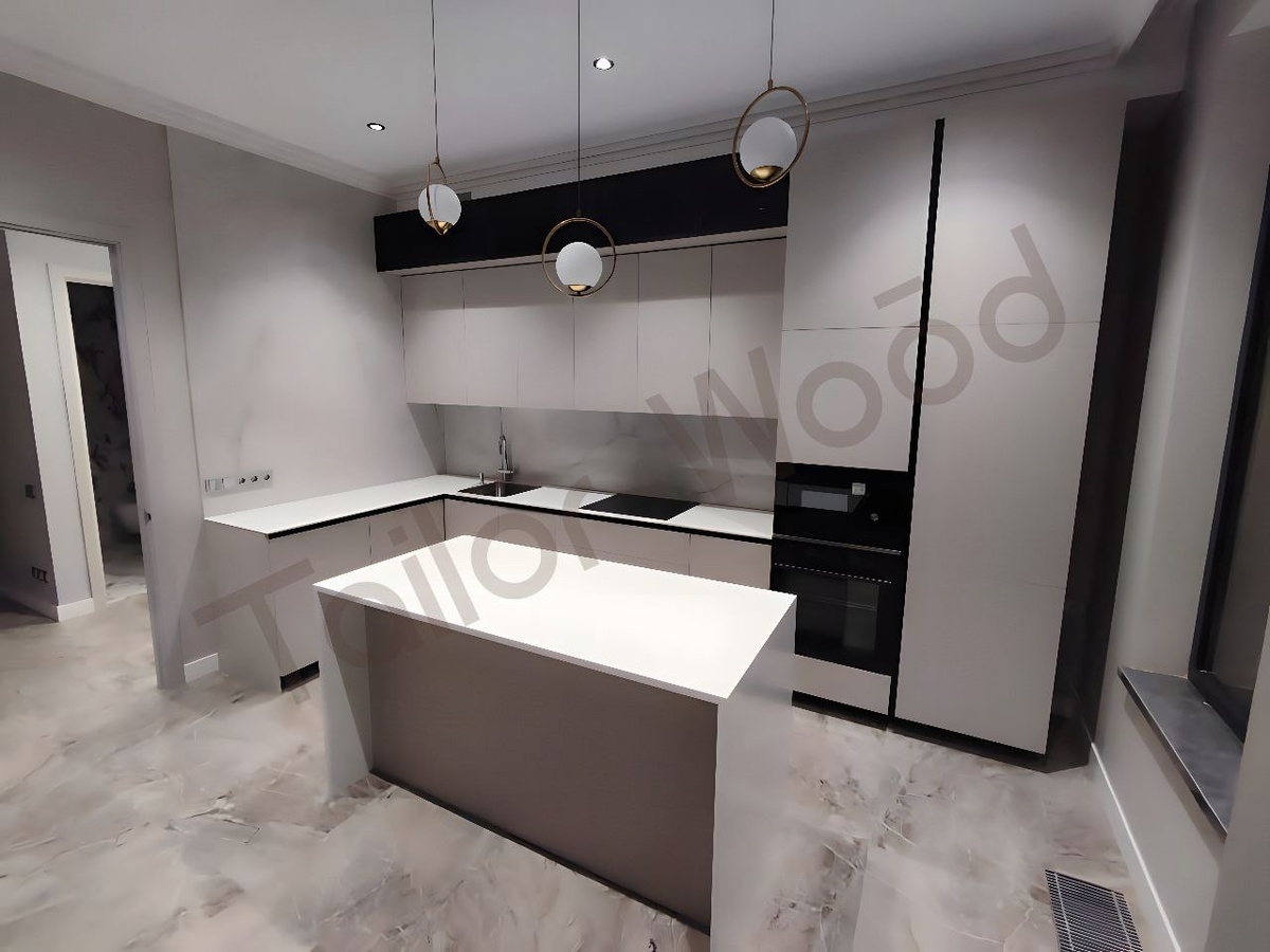 Кухня по индивидуальному проекту от компании Tailor Wood для квартиры-студии с островом и встроенной техникой