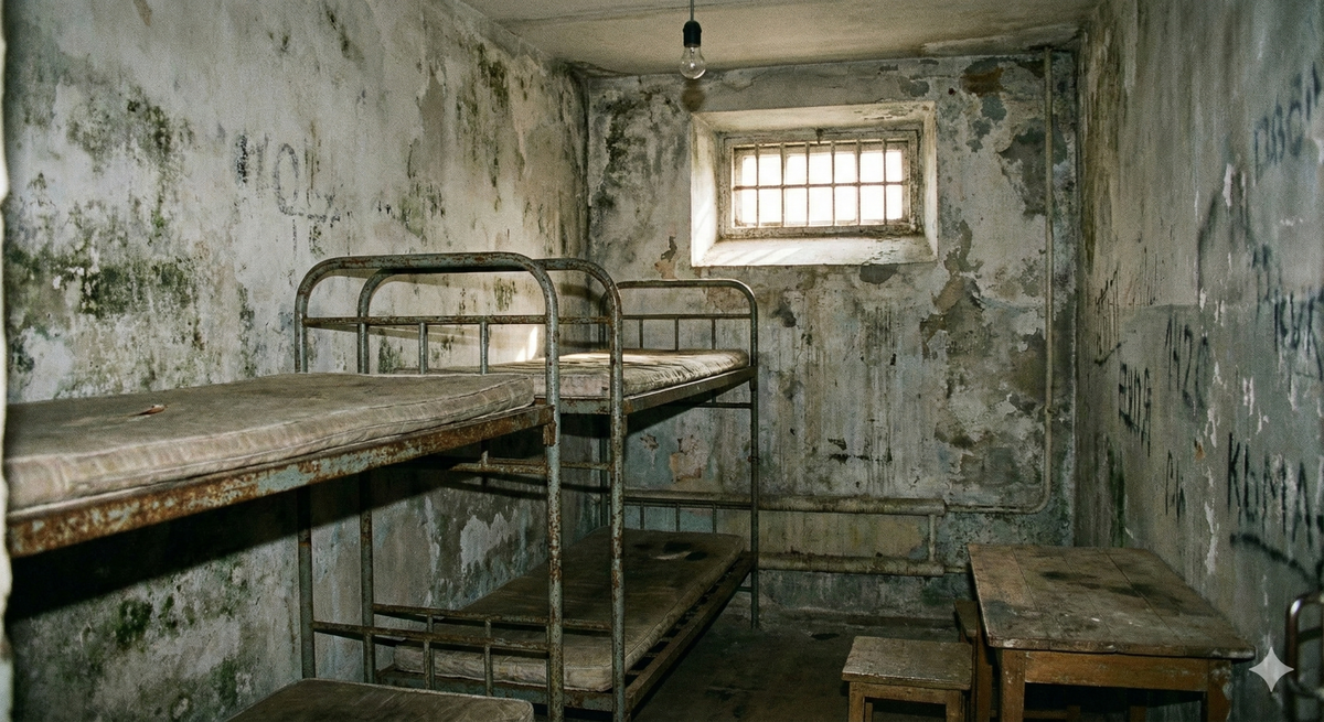 Фотография интерьера старой российской тюремной камеры: бетонные стены, решетки, нары. Иллюстрация условий содержания заключенных перед побегом.