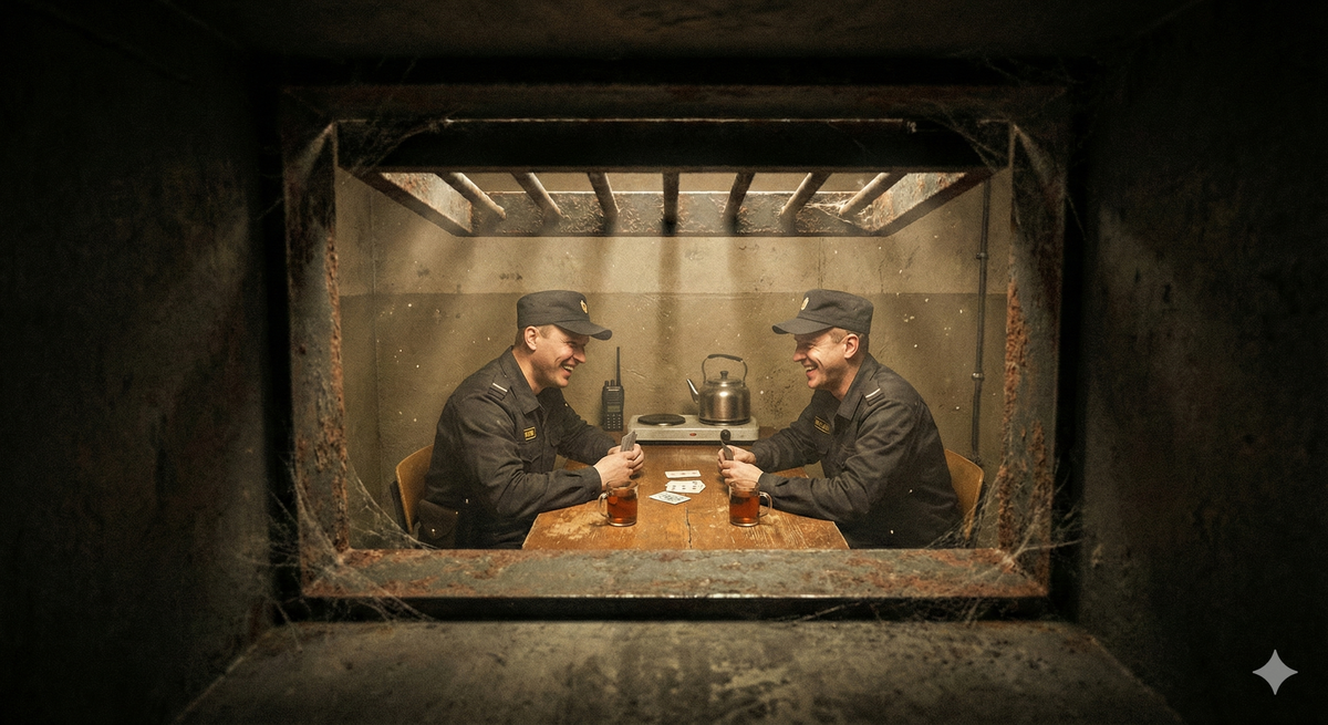 Сцена наблюдения: заключенный смотрит через вентиляционную решетку на отдыхающих охранников в тюрьме. Иллюстрация скрытного проникновения в зону охраны.