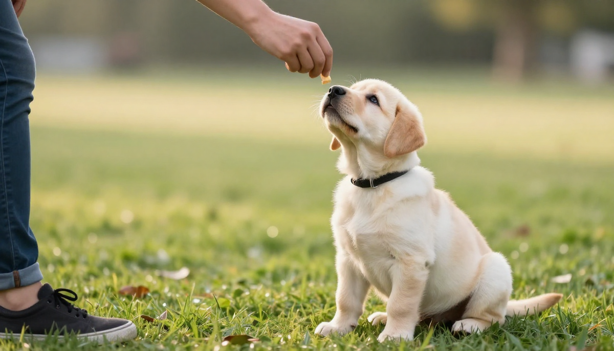 дрессировка щенка — щенок лабрадора на поводке смотрит на хозяина