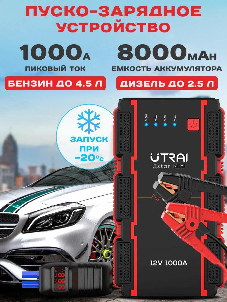 
UTRAI-JS-Mini - это компактное современное пуско-зарядное устройство для автомобилей, мотоциклов и другой техники, с функцией Power Bank и LED фонарём.
Максимальный пусковой ток пускозарядного устройства - 1000A.
Пусковое устройство Jstar Mini легко и быстро заведёт ваш автомобиль с бензиновым двигателем объёмом до 4,5л, или дизельный двигатель объёмом до 2,5л. и севшим аккумулятором, всего за несколько секунд при низкой температуре, даже после долгого простоя.