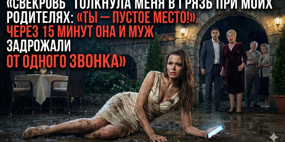 Свекровь толкнула меня в грязь при моих родителях: «Ты — пустое место!». Через 15 минут она и муж задрожали от одного звонка