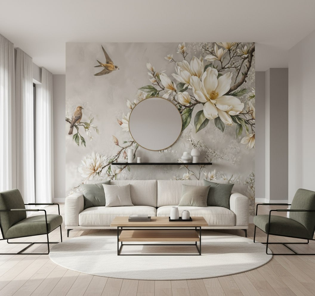 Пример самостоятельной планирвоки и подбора материалов для зоны отдыха с зонированием. Акцентная стена - флизелиновые фотообои VEROL. 