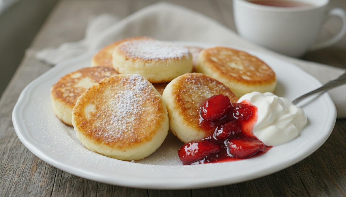 Пышные золотистые сырники на тарелке со сметаной и вареньем