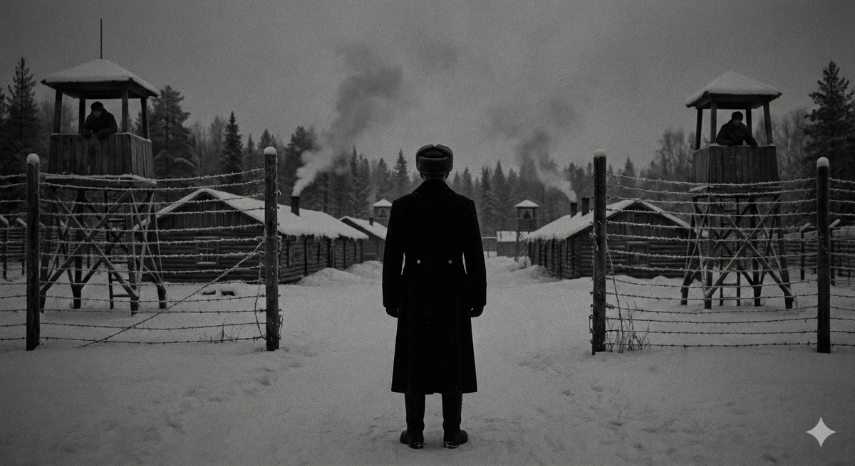 Атмосферное фото советского исправительно-трудового лагеря зимой. Фигура в черном пальто символизирует приезд тайного инспектора из центра.