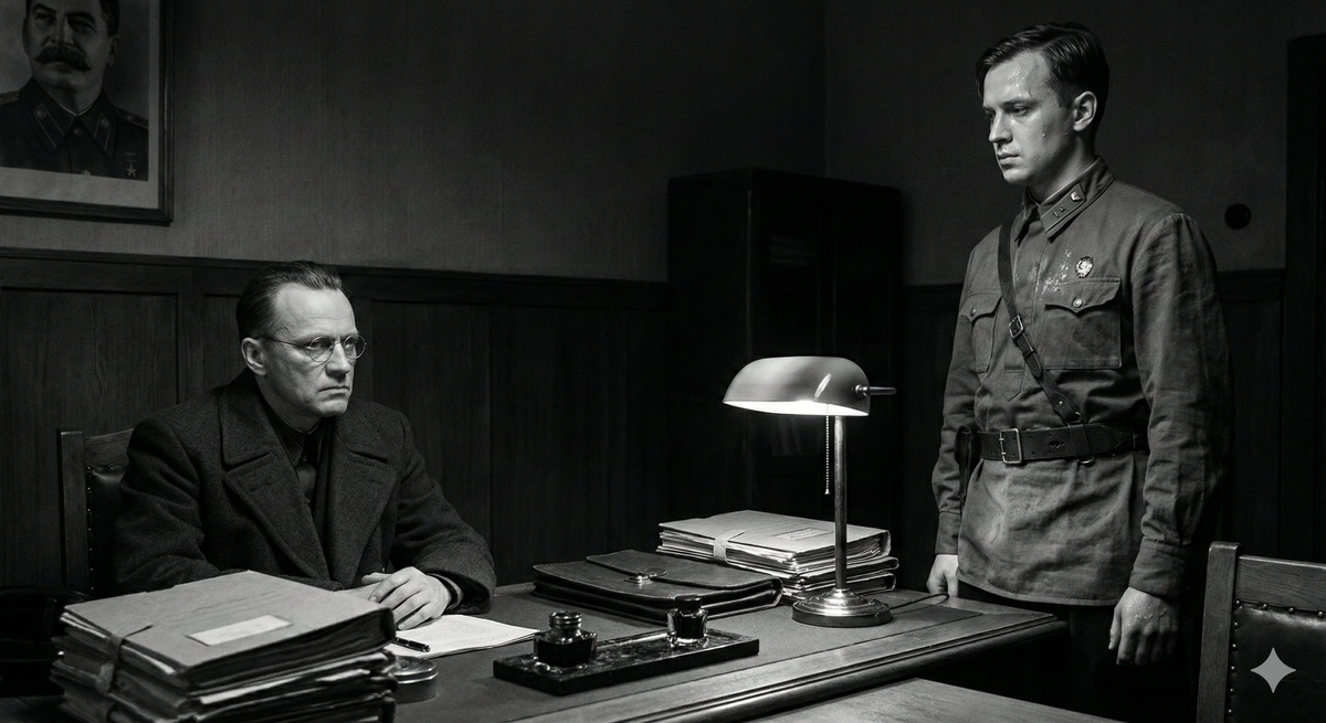 Психологическая дуэль: фальшивый инспектор и испуганный офицер. Иллюстрация атмосферы страха и подозрительности в сталинские времена.